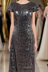 Black Sequin Cap Sleeve Backless Long Bridesmaid Dresses