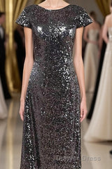 Black Sequin Cap Sleeve Backless Long Bridesmaid Dresses