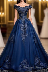 Blue Tulle Lace Off Shoulder Long Prom Dresses, Blue Tulle Lace Evening Dresses