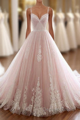 Pink Sweetheart Lace Tulle Long Prom Dresses, Lace Pink Evening Dresses