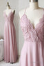 Pink Chiffon Lace Long Prom Dress, V Neck Spaghetti Strap Prom Dresses