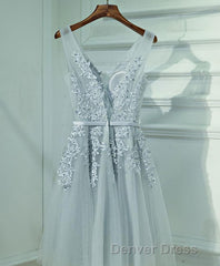 Gray A Line Lace Tulle Short Prom Dresses, Homecoming Dresses