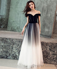 Simple Tulle Off Shoulder Black Long Prom Dress Black Tulle Evening Dress