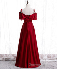 Burgundy Satin Beads Long Prom Dresses, Burgundy Evening Dresses