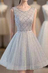 Gray Tulle Beads Short Prom Dresses, Gray Homecoming Dresses
