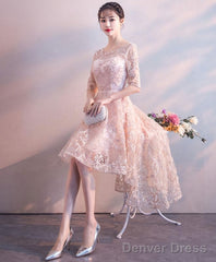 Pink Round Neck Lace Short Prom Dress Pink Homecoming Dress 1