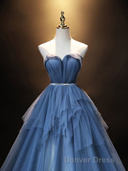 Blue Sweetheart Neck Tulle Long Prom Dresses, Blue Evening Dresses