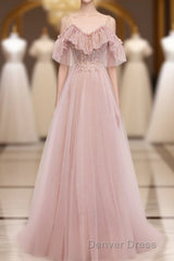 Pink V Neck Tulle Lace Long Prom Dresses, Pink Bridesmaid Dresses, 1