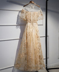 Champagne Tulle Lace Long Prom Dresses, Champagne Formal Dresses, 1