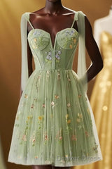 Green Floral Tulle A-line Short Dresses with Tie Shoulders