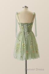 Green Floral Tulle A-line Short Dresses with Tie Shoulders