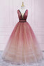 Cute Ombre Tulle V Neck Long Prom Dress, A Line Prom Dresses