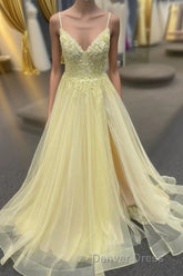 Light Yellow Deep V Appliques Long Prom Dresses with Slit