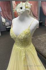Light Yellow Deep V Appliques Long Prom Dresses with Slit