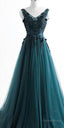 V Neck Dark Green Cheap Long Prom Dress, Sweet 16 Prom Dresses