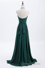Hunter Green Halter Chiffon A-line Long Bridesmaid Dresses