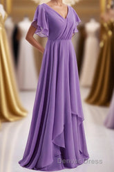 Flutter Sleeves Lavender Chiffon A-line Long Bridesmaid Dresses