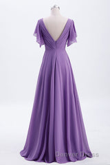 Flutter Sleeves Lavender Chiffon A-line Long Bridesmaid Dresses