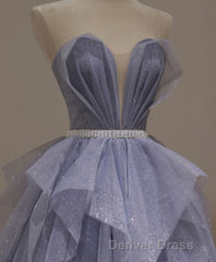 Purple Sweetheart Neck Tulle Sequin Long Prom Dresses, Tulle Formal Dresses