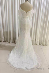 Ivory Mermaid Sequined Prom Dresses with Long Sleeves, Sparkly Long Party Dresses
