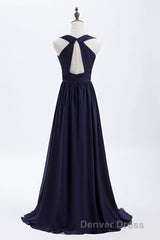 Empire Navy Blue Chiffon A-line Long Bridesmaid Dresses