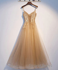 Champagne Tulle Lace Long Prom Dresses, Champagne Evening Dresses, 9