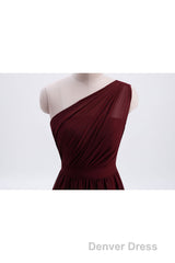 One Shoulder Burgundy A-line Chiffon Long Bridesmaid Dresses