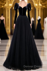 Black Tulle Long Prom Dresses, Black Tulle Formal Dresses