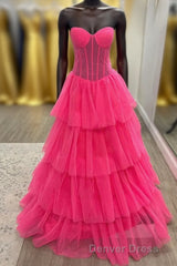 Hot Pink Strapless Layers Tulle A-line Long Prom Dresses