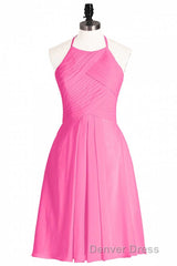 Neon Pink Halter A-Line Short Bridesmaid Dresses