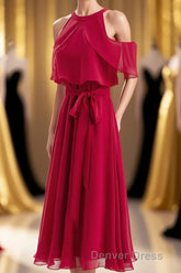 Red Chiffon Cold Sleeves Short Ruffles Bridesmaid Dresses
