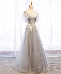 Gray Tulle Lace Long Prom Dresses, Gray Tulle Lace Evening Dresses, 5