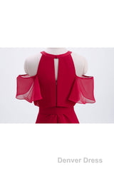 Red Chiffon Cold Sleeves Short Ruffles Bridesmaid Dresses