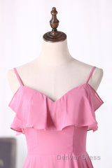 Pink Chiffon Straps Ruffled A-Line Long Bridesmaid Dresses
