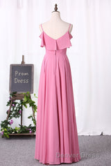 Pink Chiffon Straps Ruffled A-Line Long Bridesmaid Dresses