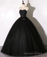 Black Sweetheart Neck Tulle Long Prom Dresses, Black Evening Dresses