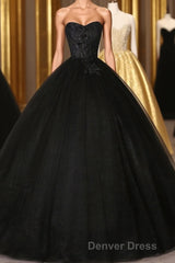 Black Sweetheart Neck Tulle Long Prom Dresses, Black Evening Dresses