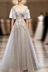 Gray Tulle Lace Long Prom Dresses, Gray Tulle Lace Evening Dresses, 5
