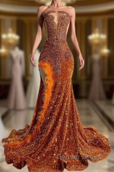 Mermaid Style Burnt Orange Sequins Prom Dresses with Side Slit Long Length Beadings and Feathers