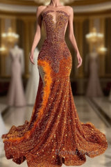 Mermaid Style Burnt Orange Sequins Prom Dresses with Side Slit Long Length Beadings and Feathers