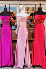 Black Strapless Mermaid Satin Long Prom Dresses with Slit