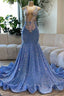 Deep V Neck Mermaid Sequins Backless Prom Dresses