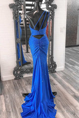 Blue Beaded One-Shoulder Ruched Long Formal Dress with Slit
