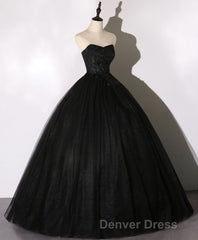 Black Sweetheart Neck Tulle Long Prom Dresses, Black Evening Dresses