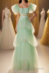 Mint Green Flare Sleeves Ruffles Long Party Dresses