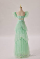 Mint Green Flare Sleeves Ruffles Long Party Dresses