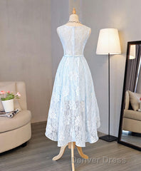 Light Blue Lace High Low Prom Dresses, Homecoming Dresses