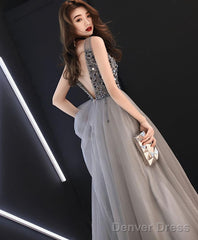 Gray V Neck Tulle Sequin Long Prom Dress Gray Tulle Evening Dress