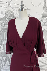 Wrap V Neck Sleeves Chiffon Long Bridesmaid Dresses with Sash