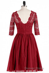 Red Lace V-Neck Backless Short Bridesmaid Dresses